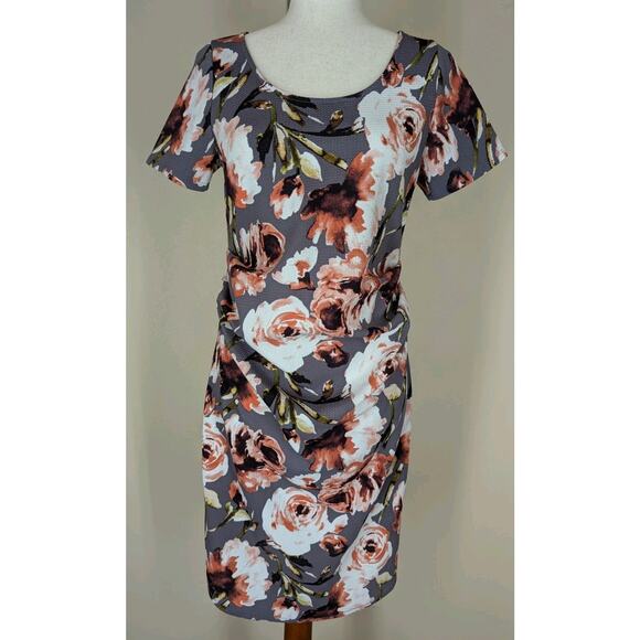 Hello Miz Maternity Medium Bodycon Dress Gray Pink Floral Stretch Side Ruching - Picture 1 of 7